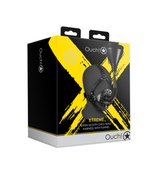 Ouch! by Shots Open Mouth Gag Head Harness with Funnel - Black