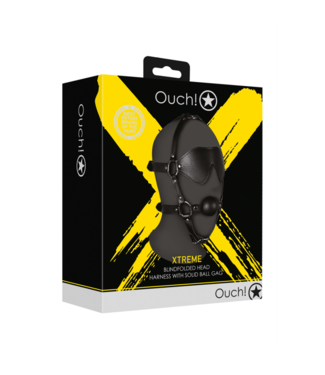 Ouch! by Shots Blindfolded Head Harness with Solid Ball Gag - Black