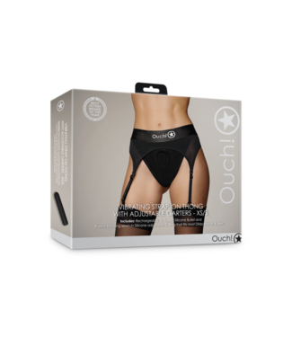 Ouch! by Shots Vibrating Strap-on Thong with Adjustable Garters - XS/S - Black