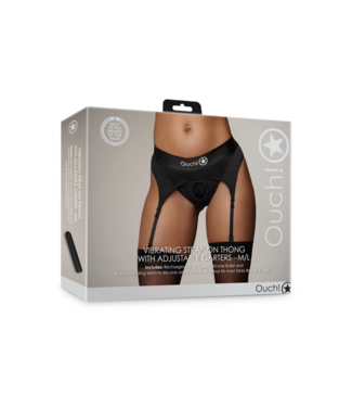 Ouch! by Shots Vibrating Strap-on Thong with Adjustable Garters - M/L - Black
