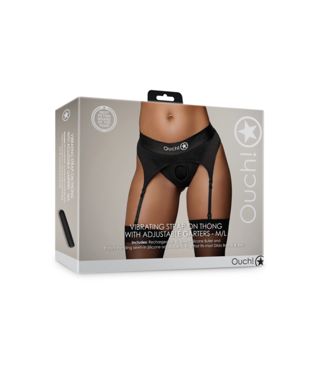 Vibrating Strap-on Thong with Adjustable Garters - M/L - Black