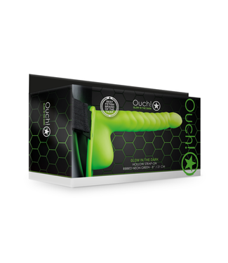 Ouch! by Shots Glow in the Dark Ribbed Hollow Strap-On with Balls - 8 / 21 cm