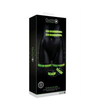Ouch! by Shots Thigh Cuffs with Belt and Handcuffs - Glow in the Dark - S/M