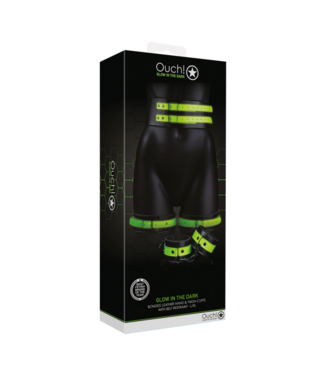 Ouch! by Shots Thigh Cuffs with Belt and Handcuffs - Glow in the Dark - L/XL