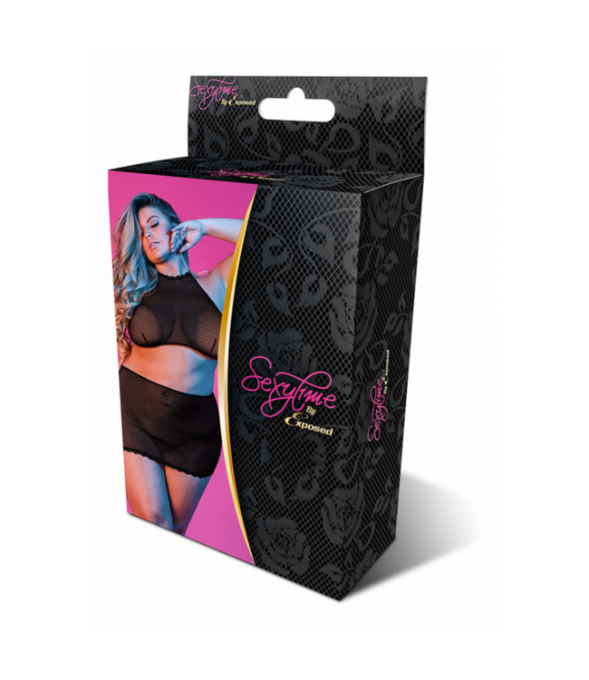 Polka Dot Mesh Halter and Skirt Set - 2X - Black