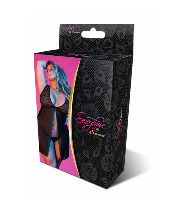 Babydoll with Open Back and G-String Set - 2X - Black
