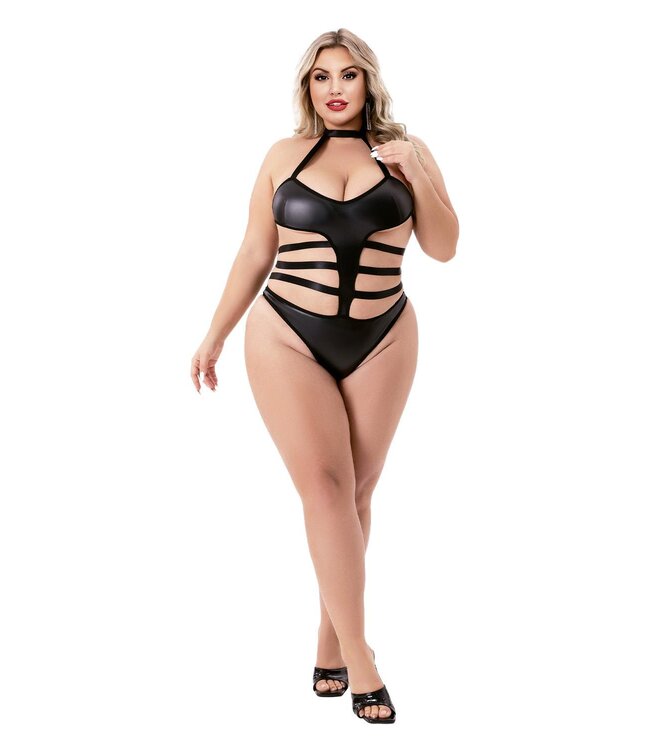 HALTER TOP WETLOOK TEDDY BLACK, QS