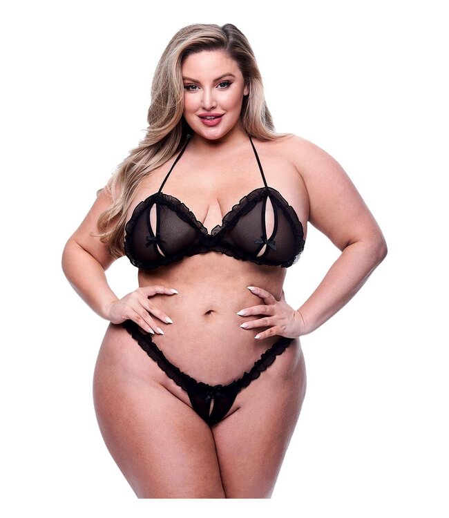 BACI 2PC PEEKABOO BRA & CROTCHLESS G-STRING SET BLACK, QS