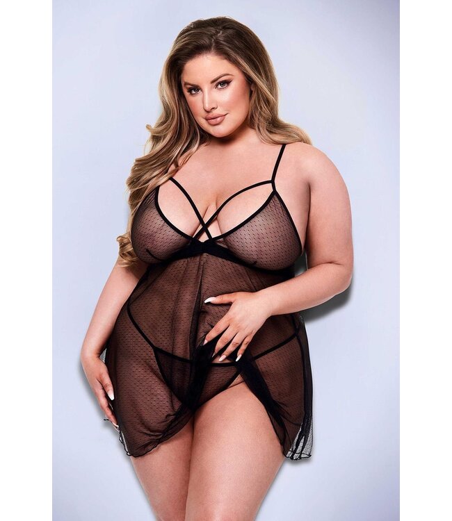 BACI 2PC STRAPPY LACE & MESH BABYDOLL & G-STRING SET BLACK, QS