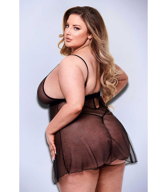 BACI 2PC STRAPPY LACE & MESH BABYDOLL & G-STRING SET BLACK, QS