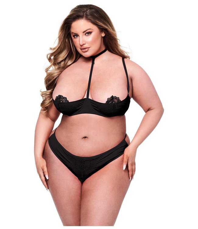 BACI 2PC SEXY QUARTER CUP BRA & G-STRING SET BLACK, QS