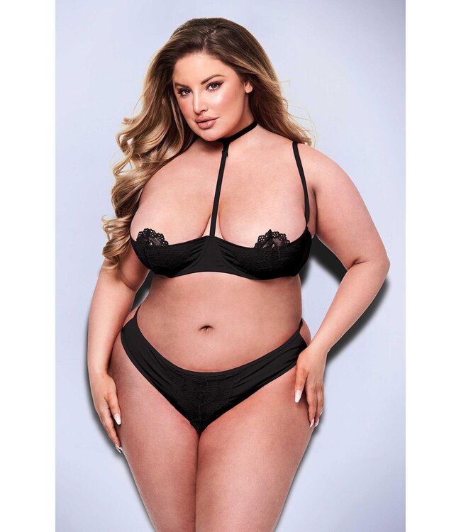 BACI 2PC SEXY QUARTER CUP BRA & G-STRING SET BLACK, QS