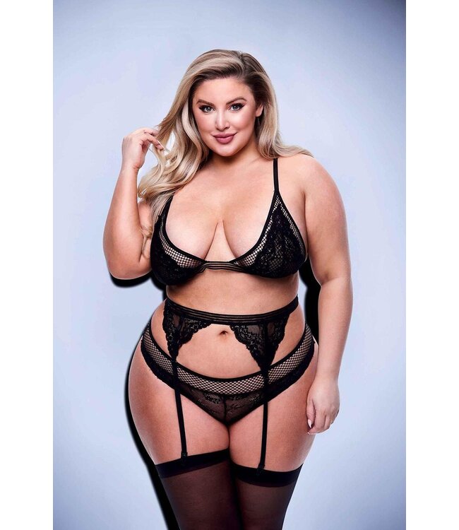 3PC LACE & MESH BRA, GARTER & PANTY SET BLACK, QS