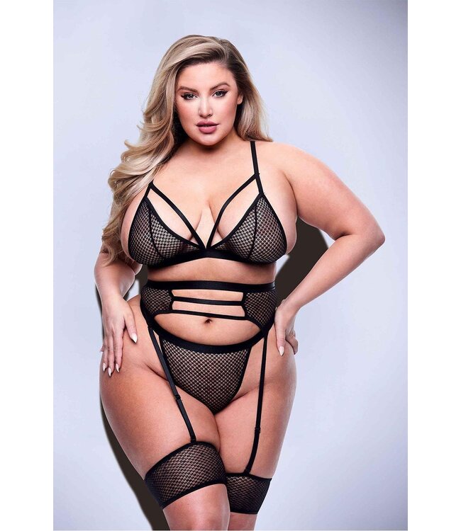 3PC STRAPPY BRA, GARTER & PANTY SET BLACK, QS