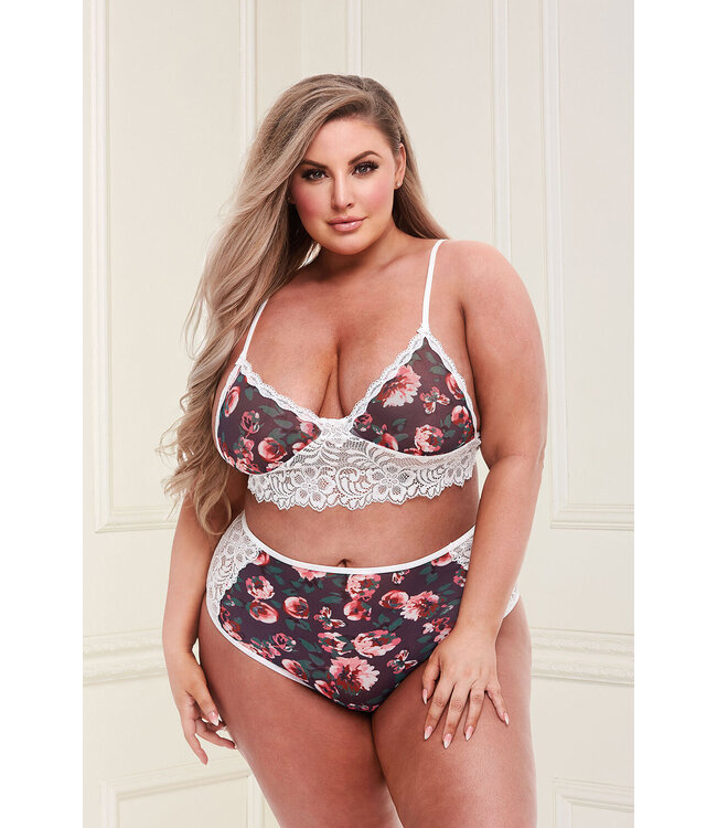 GREY FLORAL & LACE BRA SET, XL