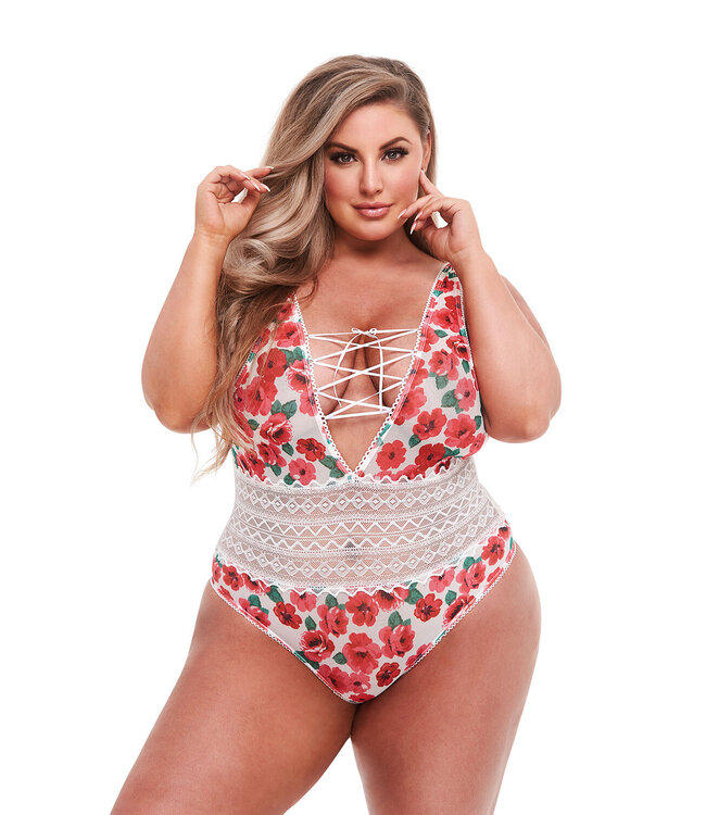 WHITE FLORAL & LACE TEDDY, QS