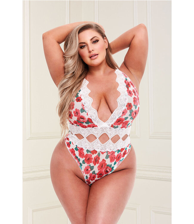 WHITE FLORAL & LACE TEDDY, QS