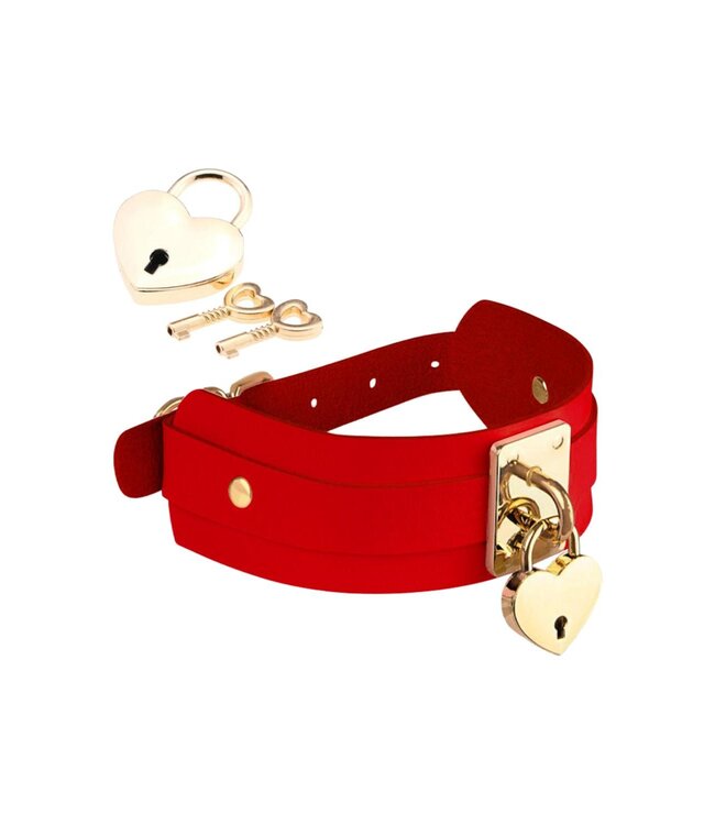 KINKY DIVA HEART LOCK & KEY COLLAR RED/GOLD