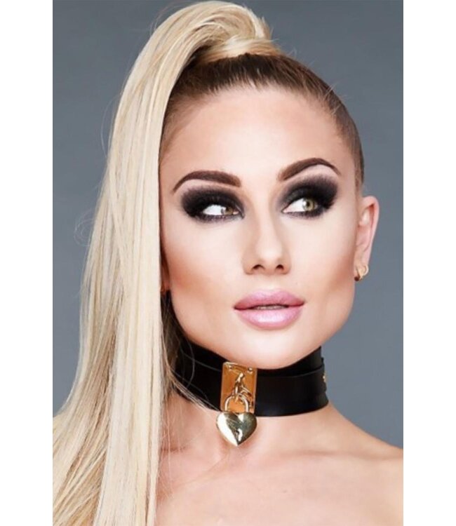 KINKY DIVA HEART LOCK & KEY COLLAR BLACK/GOLD