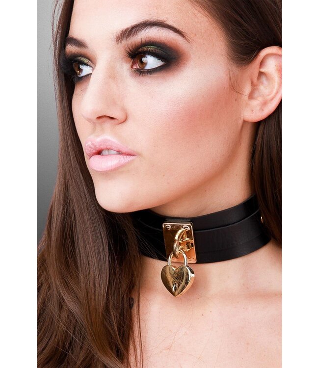 KINKY DIVA HEART LOCK & KEY COLLAR BLACK/GOLD