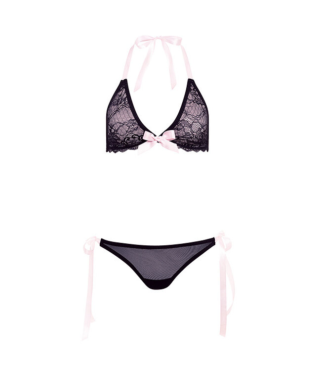 BARELY BARE RIBBON TIE BRALETTE SET BLACK, OS