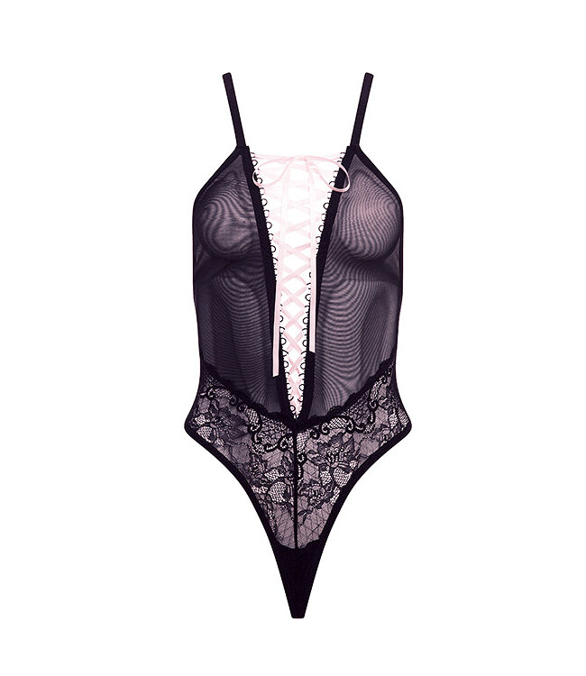 BARELY BARE LACE UP TEDDY BLACK, OS