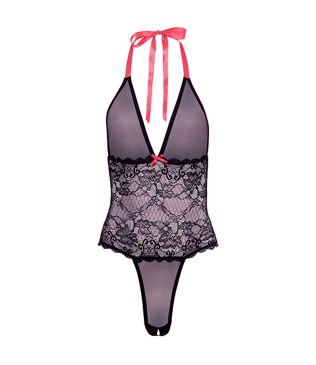 BARELY BARE V PLUNGE LACE & MESH TEDDY BLACK, OS