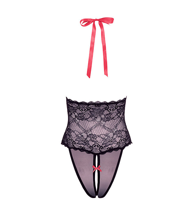 BARELY BARE V PLUNGE LACE & MESH TEDDY BLACK, OS