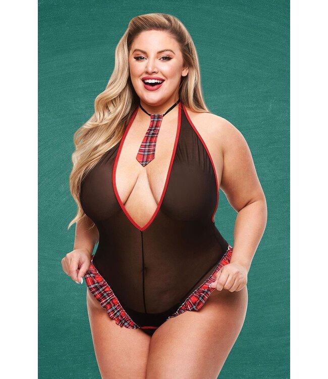 TEACHERS PET 2PC CROTCHLESS MESH SCHOOLGIRL TEDDY & NECKTIE TARTAN, QS