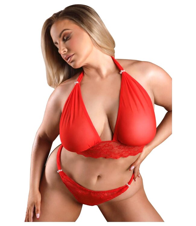 TAKE A CHANCE LACE AND MESH HALTER BRALETTE & PANTY RED, QS