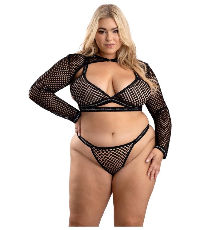 BARBED WIRE FISHNET BRALETTE, LONG SLEEVE SHRUG & PANTY BLACK, QS