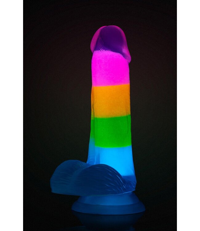 NEO ELITE GLOW IN THE DARK RAINBOW RAVE 6.5 INCH SILICONE DUAL DENSITY DILDO MULTICOLORED