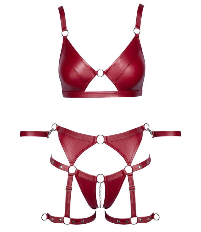 Red Wetlook Suspender Set With Cuffs