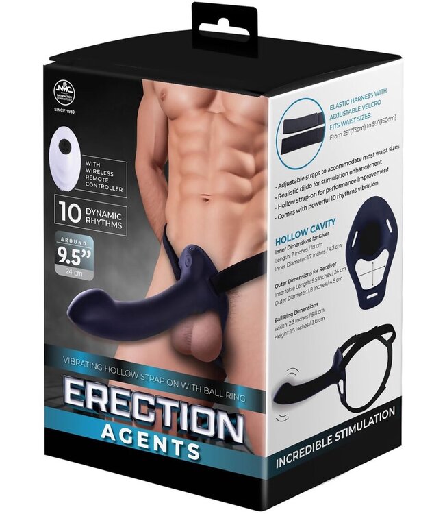 9.5 Inch Rechargeable Silicone Vibration Hollow Strap On With Ball Ring Black