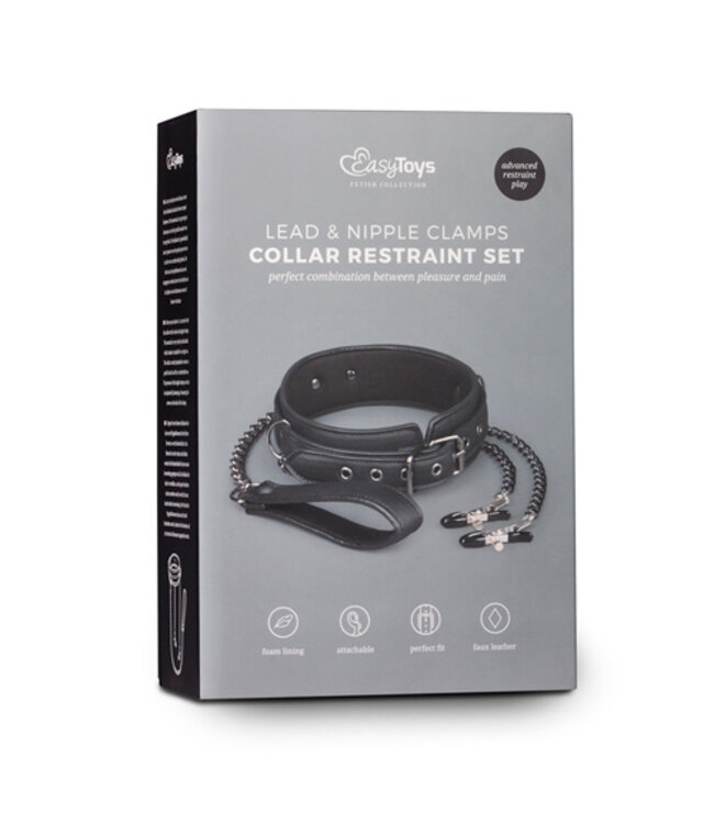 Kunstleren halsband met tepelklemmen