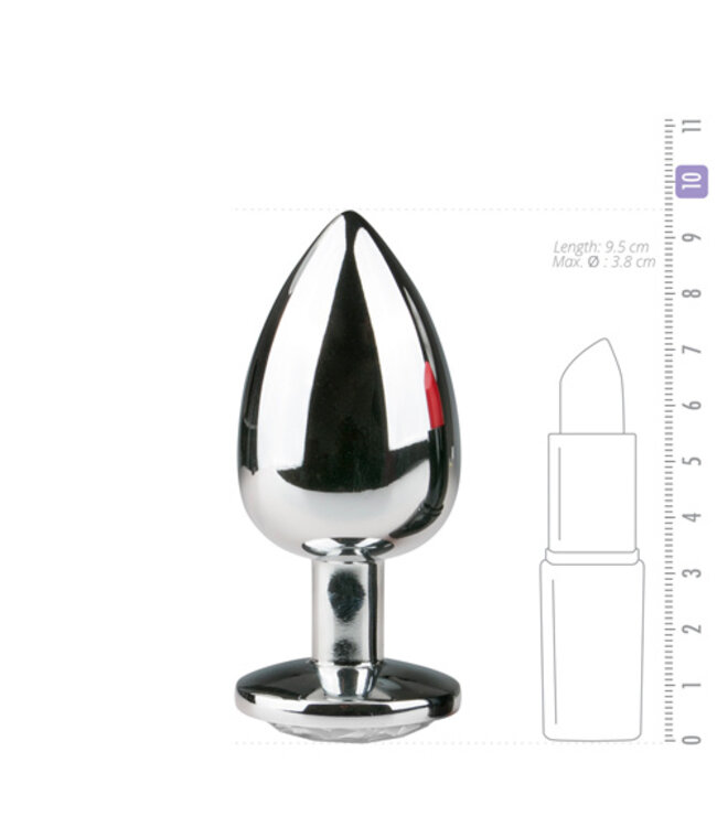 Zilverkleurige metalen buttplug met transparant kristal
