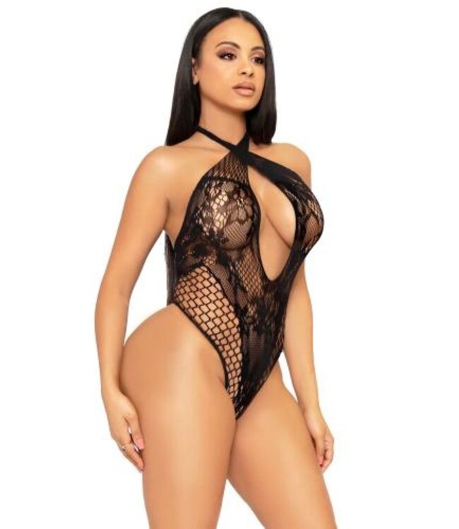 Halternek Kanten Body - Zwart