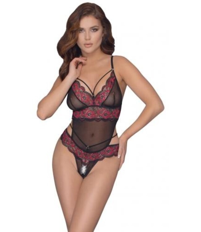 Kanten Stringbody Met Open Kruisje - Zwart/Rood