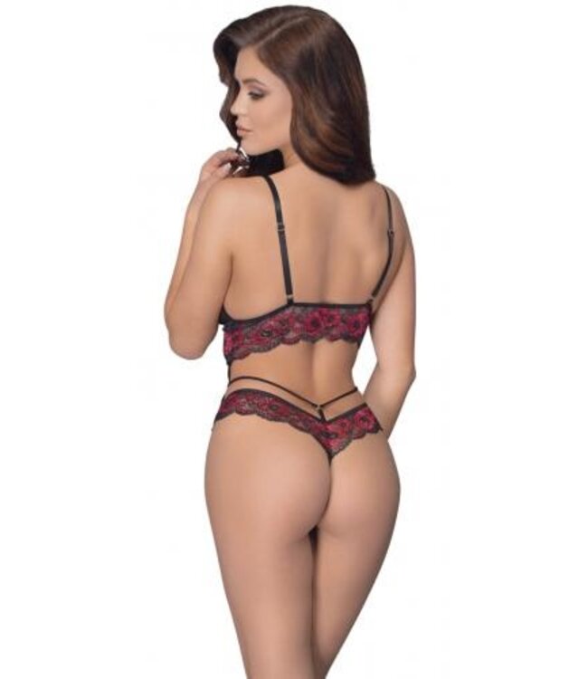 Kanten Stringbody Met Open Kruisje - Zwart/Rood