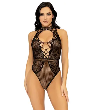 Leg Avenue Net and Lace Keyhole Halter Bodysuit OS