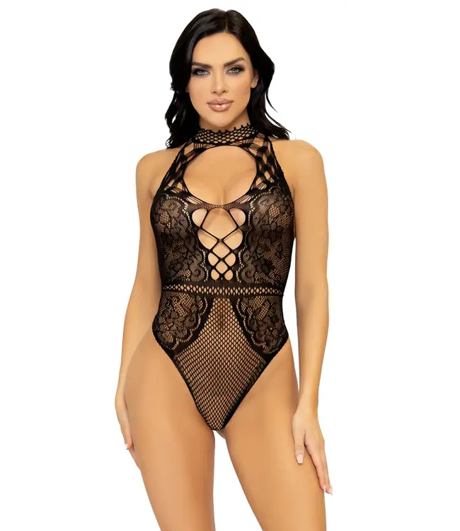 Net and Lace Keyhole Halter Bodysuit OS