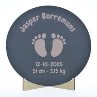 Leisteen met gravering 20 cm rond op staander.