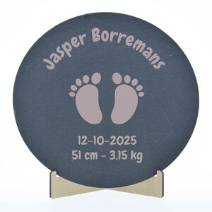 Leisteen met gravering 20 cm rond op staander.