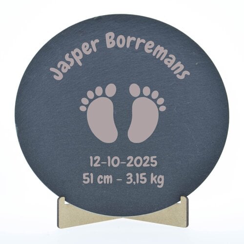 Leisteen met gravering 20 cm rond op staander.