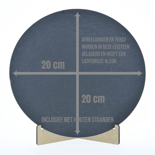 Leisteen met gravering 20 cm rond op staander.