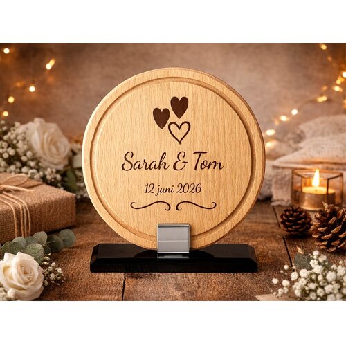 Gepersonaliseerd houten paneel met gravure | Uniek cadeau met personalisatie op glazen staander