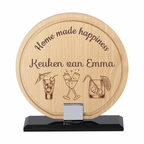 Gepersonaliseerd houten paneel met gravure | Uniek cadeau met personalisatie op glazen staander