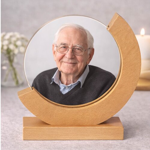 Foto op glas met houten standaard – gepersonaliseerd cadeau met eigen foto – uniek fotocadeau voor koppel, familie of herdenking – snelle levering België & Nederland