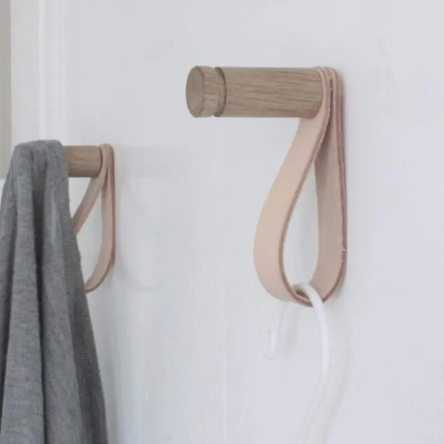 Houten haak met leren riem - Naturel ( 2 stuks )