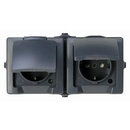 Kopp wandcontactdoos 2-voudig randaarde deksel IP44 horizonaal grijs bed (137055001) Kopp wandcontactdoos 2-voudig randaarde deksel IP44 horizonaal grijs bed (137055001)